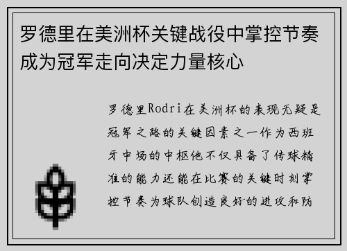 罗德里在美洲杯关键战役中掌控节奏成为冠军走向决定力量核心